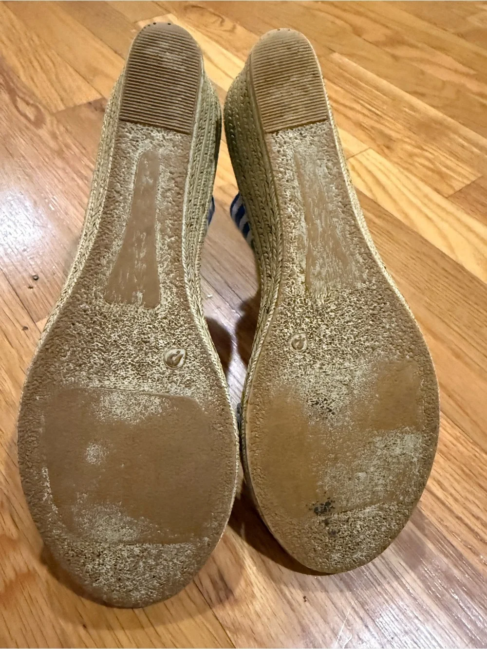 CHARLESTON SHOE CO. French Blue & White Striped Elastic Espadrille Wedge Sandals